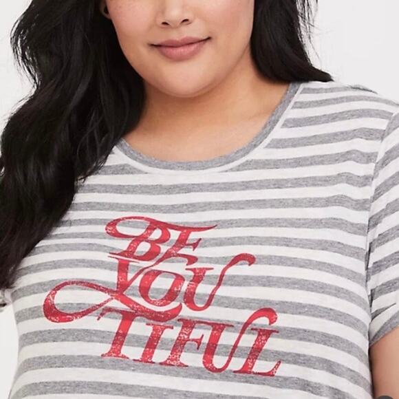 Torrid Women’s 1X Gray White Striped “Be You” Graphic Slim Fit Crew Tee - Picture 2 of 10
